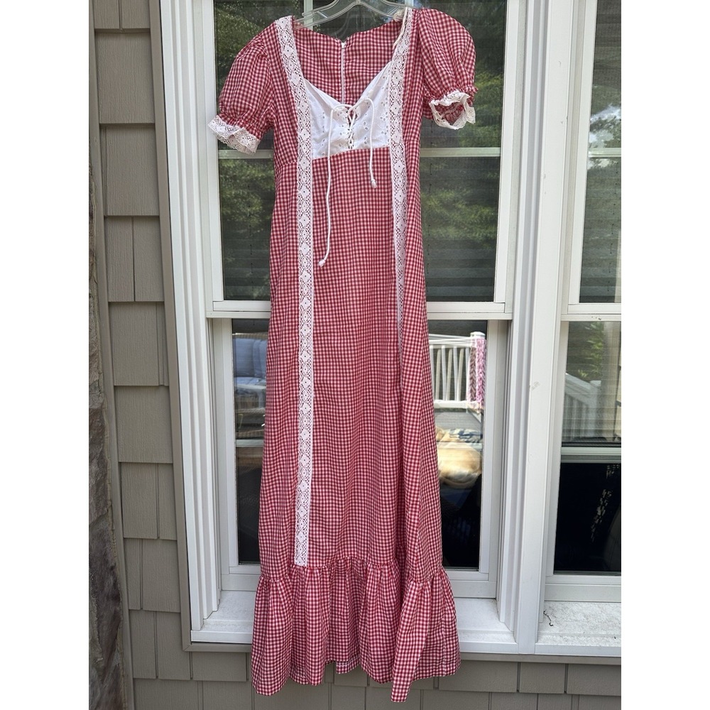 Vintage Red White Gingham Dress  Prairie lace Trim Prarie Americana Maxi